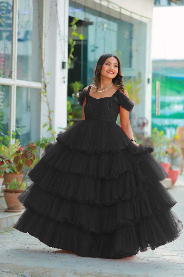 Ynf Soft Net RIN157 2149 Gowns Plus Size Collections Wholesale Party Gowns Net Gowns Ruffle Gowns Manufacturer