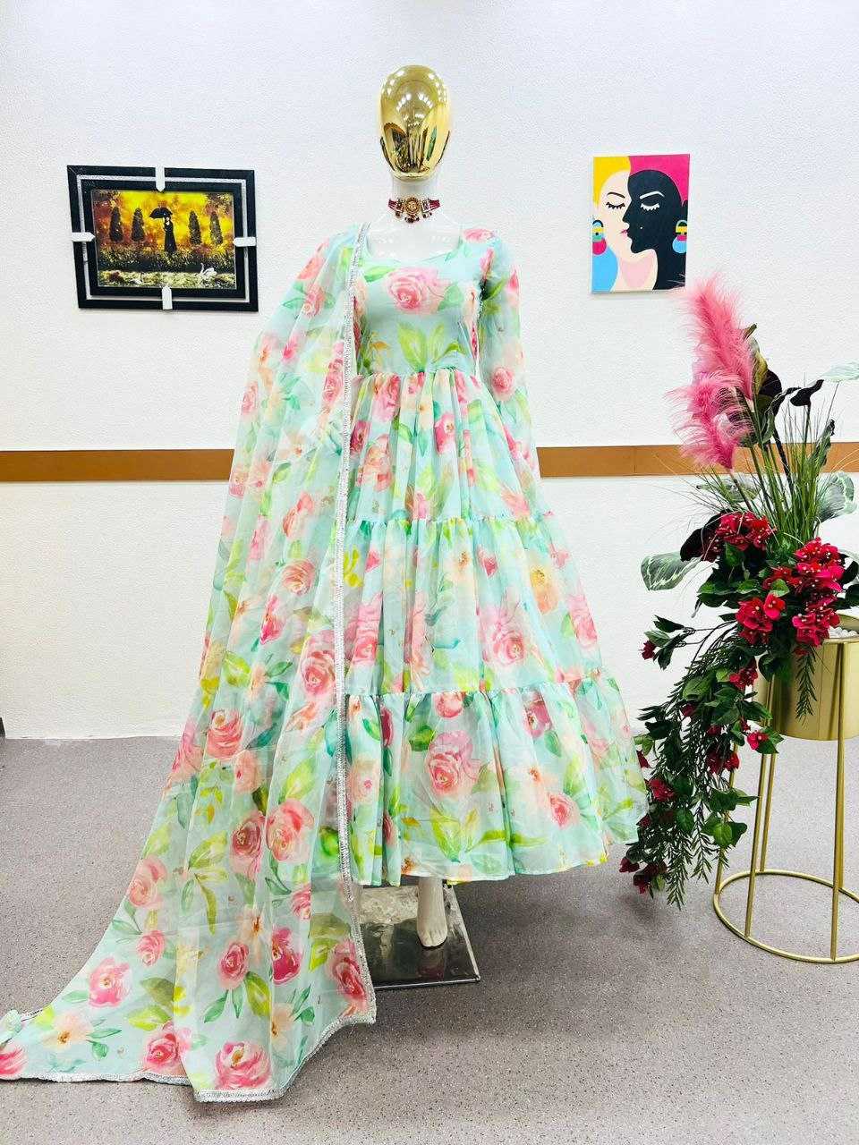 Ynf Tabby Silk Organza KESH527 16-1 Gowns Wholesale Printed Gowns Anarkali Gown Gown With Dupatta Manufacturer