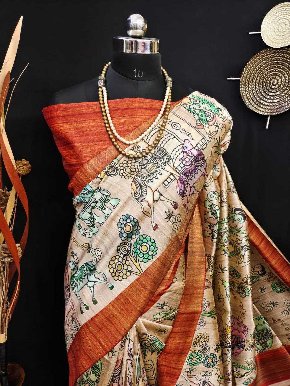 Ynf Tussar Silk KESH532 SAKHI ELEPHANT Silk Sarees Wholesale Tussar Silk Sarees Printed Silk Saree Kalamkari Silk Sarees Manufacturer