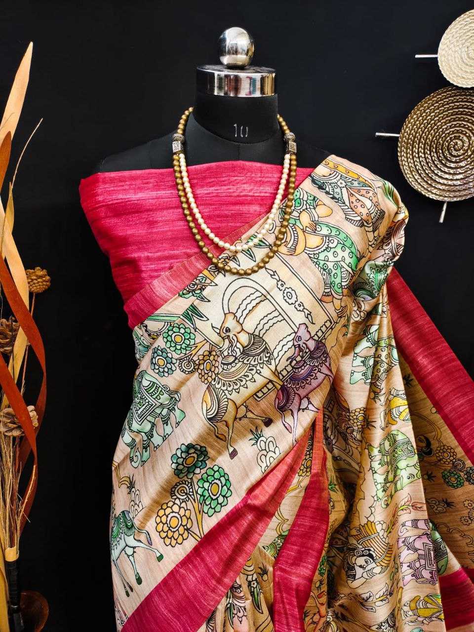 Ynf Tussar Silk KESH532 SAKHI ELEPHANT Silk Sarees Wholesale Tussar Silk Sarees Printed Silk Saree Kalamkari Silk Sarees Manufacturer