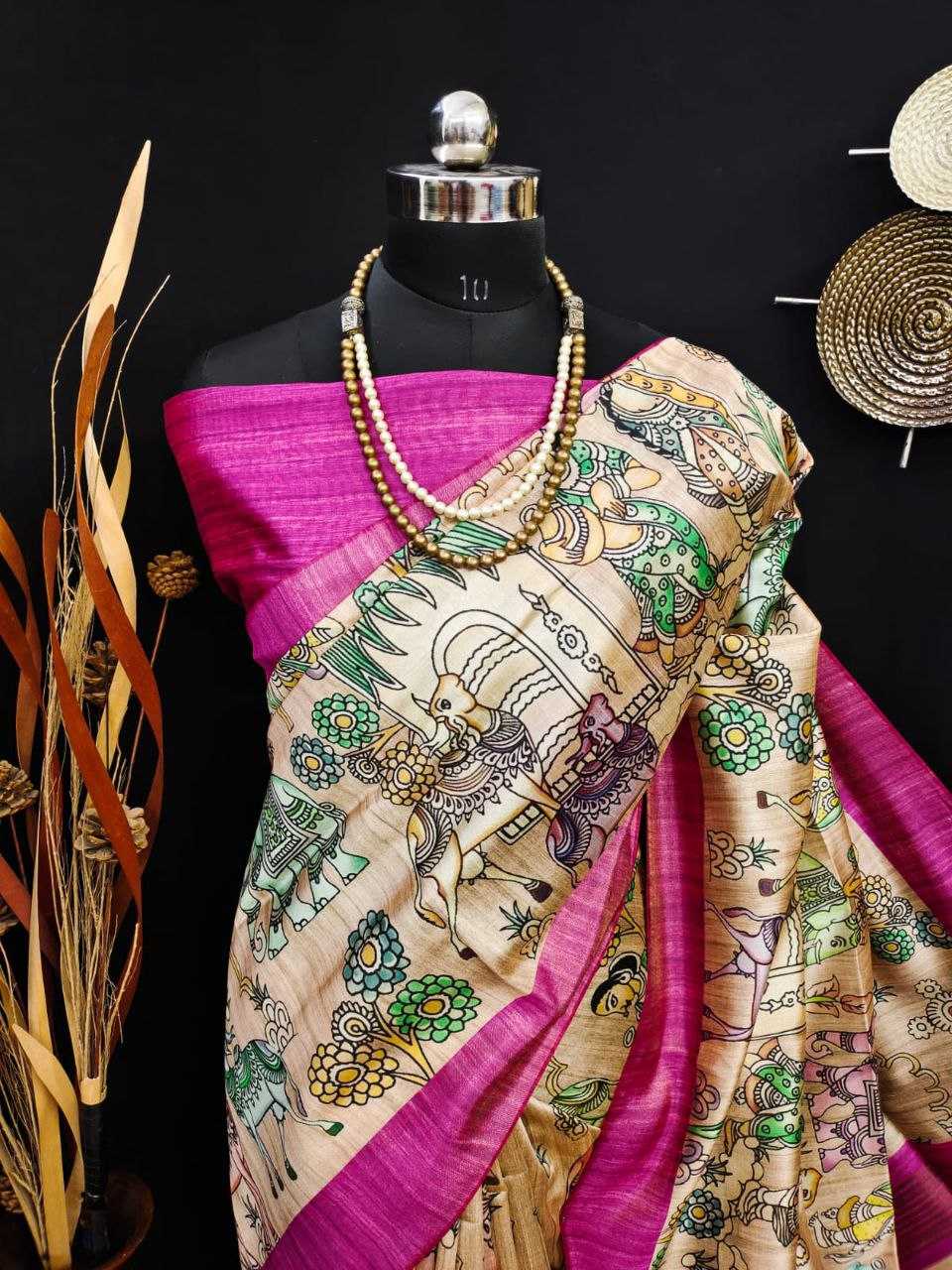 Ynf Tussar Silk KESH532 SAKHI ELEPHANT Silk Sarees Wholesale Tussar Silk Sarees Printed Silk Saree Kalamkari Silk Sarees Manufacturer