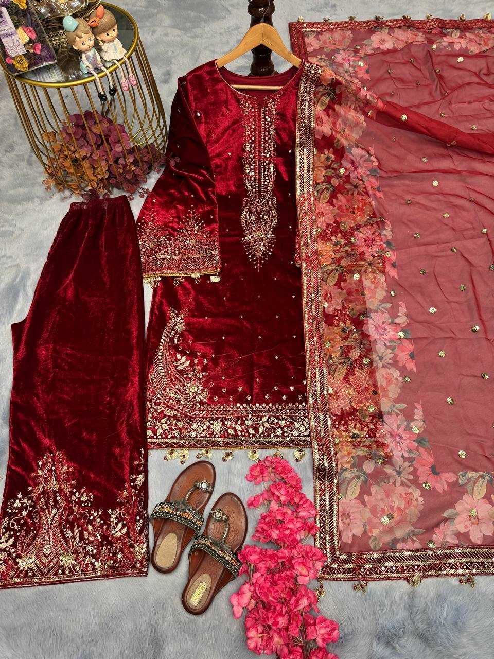Ynf Velvet KESH141 1037 Suits & Dresses Wholesale Velvet Suits Embroidery Suits Palazzo Suit Manufacturer