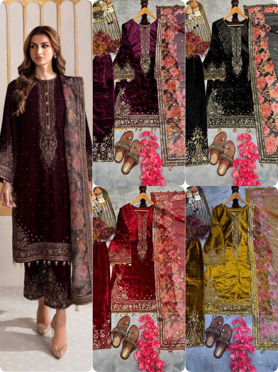 Ynf Velvet KESH141 1037 Suits & Dresses Wholesale Velvet Suits Embroidery Suits Palazzo Suit Manufacturer