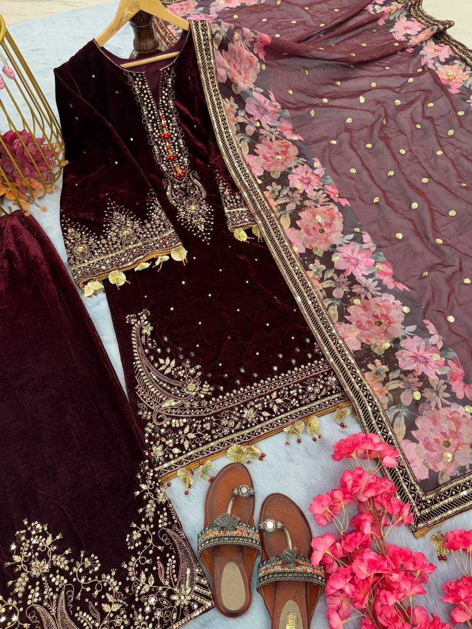 Ynf Velvet KESH141 1037 Suits & Dresses Wholesale Velvet Suits Embroidery Suits Palazzo Suit Manufacturer