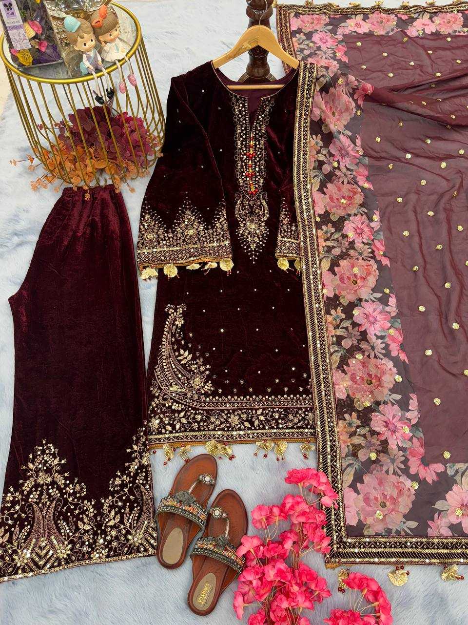 Ynf Velvet KESH141 1037 Suits & Dresses Wholesale Velvet Suits Embroidery Suits Palazzo Suit Manufacturer