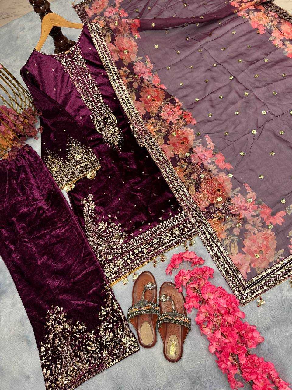 Ynf Velvet KESH141 1037 Suits & Dresses Wholesale Velvet Suits Embroidery Suits Palazzo Suit Manufacturer