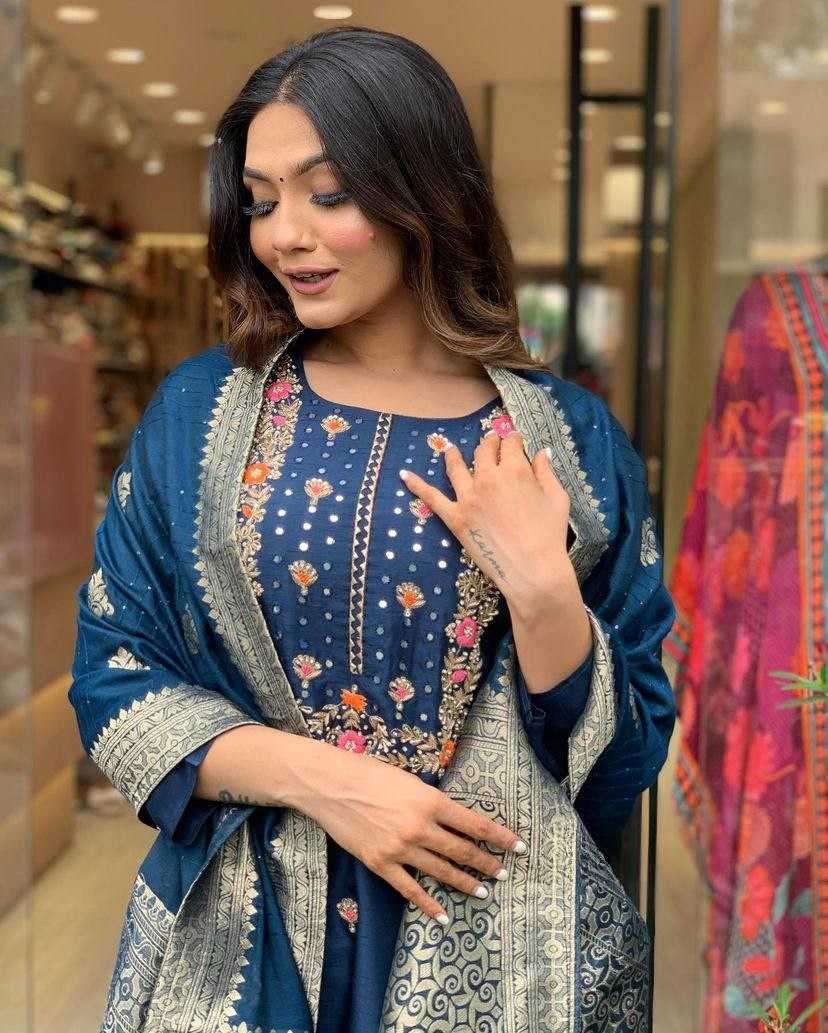 Ynf Viscose Chanderi KESH529 PURVI Suits & Dresses Wedding Collections Festive Collections Wholesale Embroidery Suits Party wear suits Chanderi Suit Manufacturer